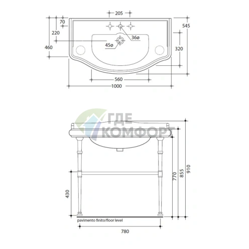 KERASAN Retro: конструкция с полкой для раковины 1050, бронза (730093) - фото 2