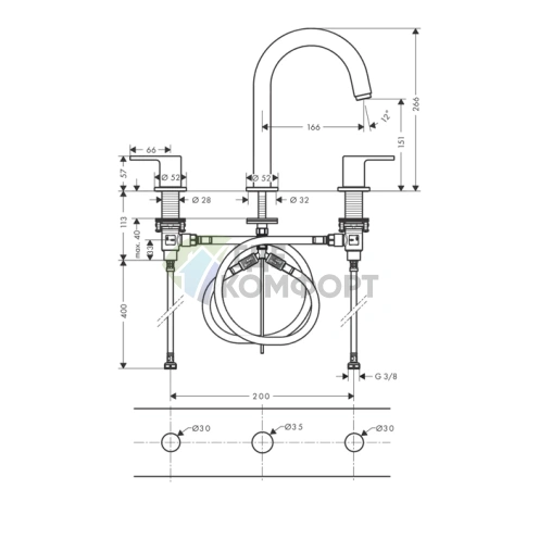 Смеситель для раковины Hansgrohe Vernis Shape матовый черный на 3 отверстия (71563670) - фото 2