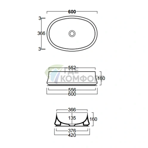 Накладная раковина SIMAS Sharp 60×42 см с отверстием под смеситель - фото 2
