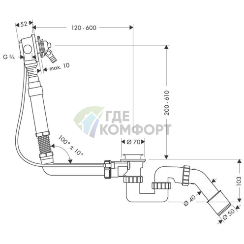 Скрытый излив Hansgrohe Exafill с системой слива-перелива для нестандартных ванн (58126180) - фото 2