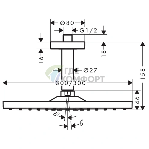 Верхний душ HG Raindance E 300 300x300 мм с потолочным держателем, 1jet, EcoSmart, хром (26251000) - фото 2
