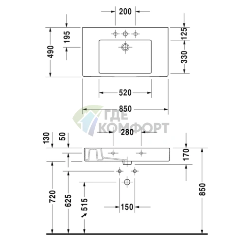 Раковина Duravit Vero для мебели без перелива и отверстия под смеситель 850x490 мм белого цвета (329850070) - фото 4