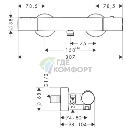 Настенный термостат для душа AX Citterio M, 1 подключение, хром (34635000) - фото 2