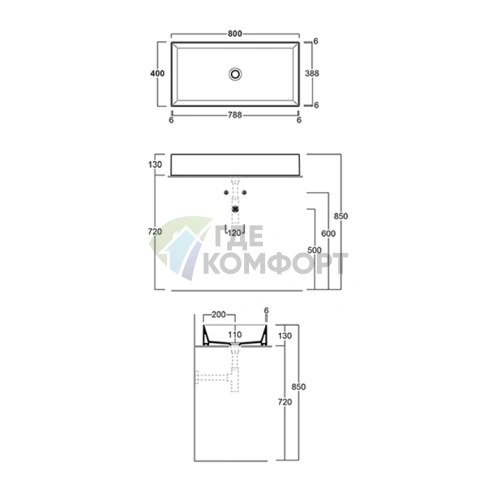 Раковина на столешницу SIMAS AGILE 80×40 см без перелива в цвете Nero Matt - фото 2