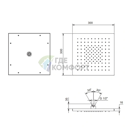 Верхний душ FANTINI 300x300 мм матовый черный (79 13 K053) - фото 2