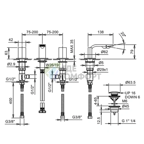 Смеситель для биде Fantini Venezia In, 3 отв., донный клапан, излив 135 мм, Nickel PVD (29 95 N509S) - фото 2