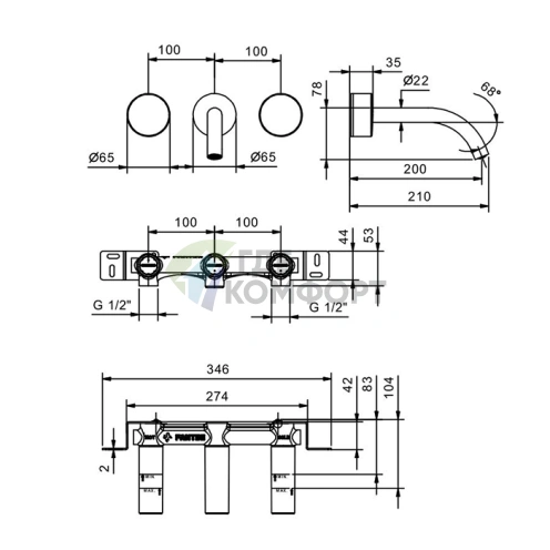 Смеситель для раковины Fantini Nice встраиваемый на 3 отверстия, хром (65 02 S213SB) - фото 2