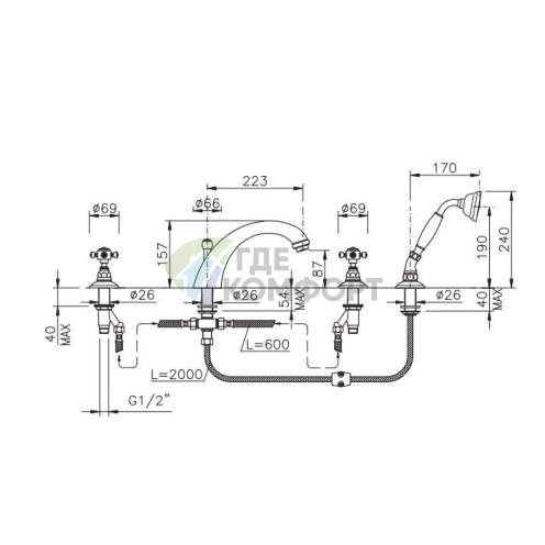 Смеситель для ванны Nicolazzi Le Pietre с ручным душем, 4 отверстия, хром (2104CR09) - фото 2