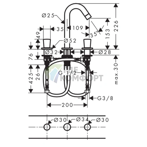 Смеситель для раковины Hansgrohe Logis на 3 отверстия с донным клапаном, хром (71133000) - фото 2