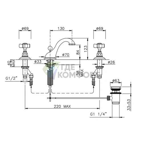 Смеситель для раковины Nicolazzi Dames Anglaises на 3 отверстия с донным клапаном, хром (1408CR18) - фото 2