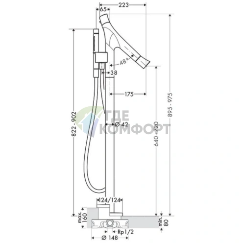 Термостатический напольный смеситель для ванны AX Starck Organic с ручным душем (хром) (12016000) - фото 2