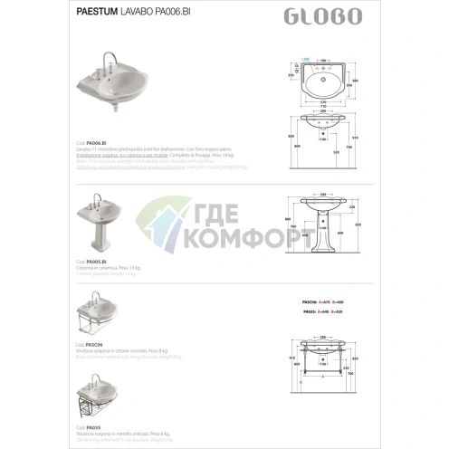 Подвесная раковина GLOBO Paestum 71x58 см белая с комплектом креплений - фото 2