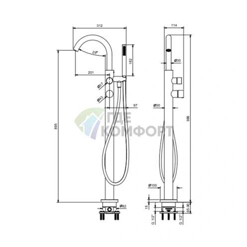 Напольный смеситель для ванны Fantini Nice с ручным душем (хром) (65 02 S080B) - фото 2