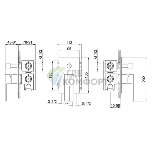 Смеситель для души Fantini AR/38: встраиваемая конструкция на два выхода с хромированной накладной панелью (38 02 E222SB) - фото 2