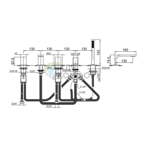 Смеситель для ванны Fantini Venezia с ручным душем, цвет матовое золото (29 P6 N565S) - фото 2