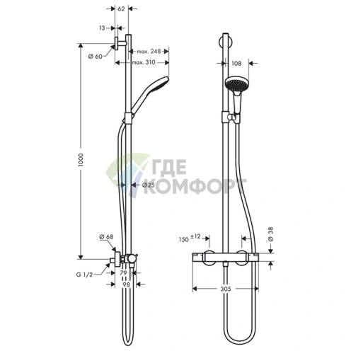 Душевая система HG Croma Select S SemiPipe Multi с термостатом, ручным душем и штангой (27247400) - фото 2