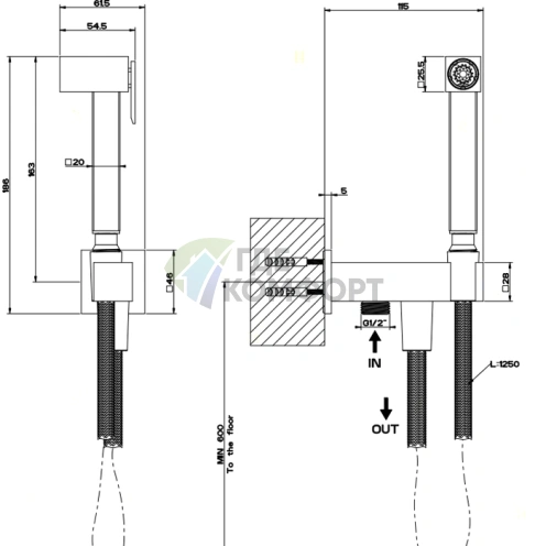 Гигиенический душ Gessi Rettangolo с выводом воды 1/2, хром (20023#031) - фото 2