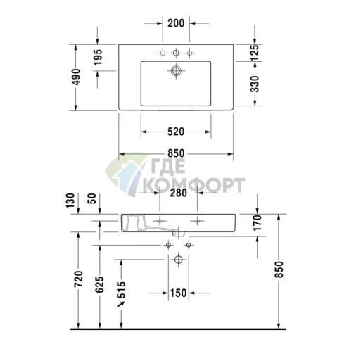 Раковина Duravit Vero для мебели без перелива, 850x490 мм, белая (329850041) - фото 4