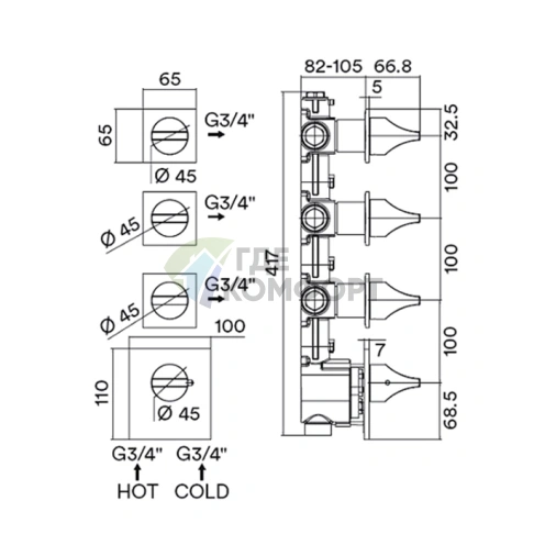 Термостатический встраиваемый смеситель для душа BOSSINI APICE: 3 запорных вентиля, внешняя часть, матовый белый (Z035205.045) - фото 2
