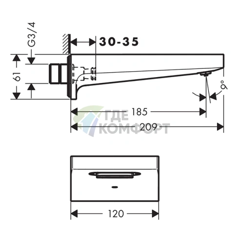 Излив для ванны Hansgrohe Metropol 185 мм, настенный, элегантное золото (32543990) - фото 2