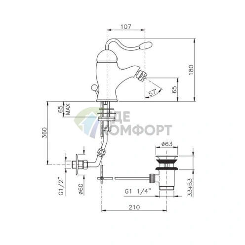 Смеситель для биде Nicolazzi Signal: 1 отв., донный клапан, излив 107 мм, золото (3403GO20) - фото 2