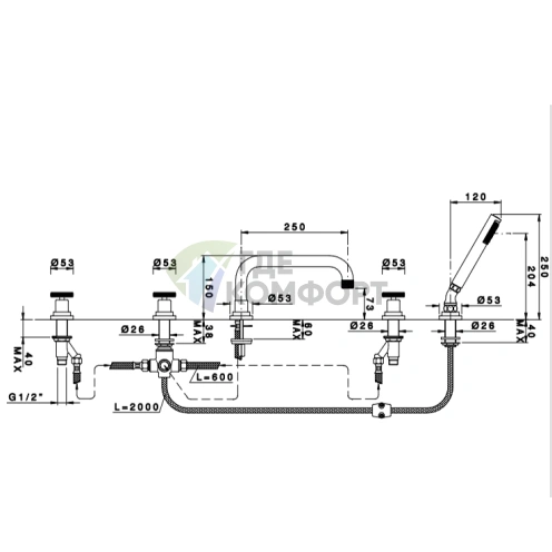 Смеситель для ванны Nicolazzi Arena на 5 отверстий с высоким изливом 250 мм (3324CR44) - фото 2