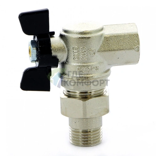 Bugatti Oregon кран шаровый угловой 1/2, артикул 594, полнопроходной, ручка-бабочка, разъемное соединение - фото 1