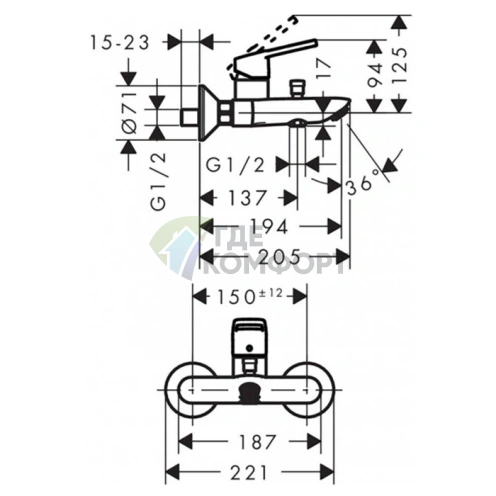 Стильный настенный смеситель для ванны Hansgrohe Logis с вакуумным переключателем в хроме (71244000) - фото 2