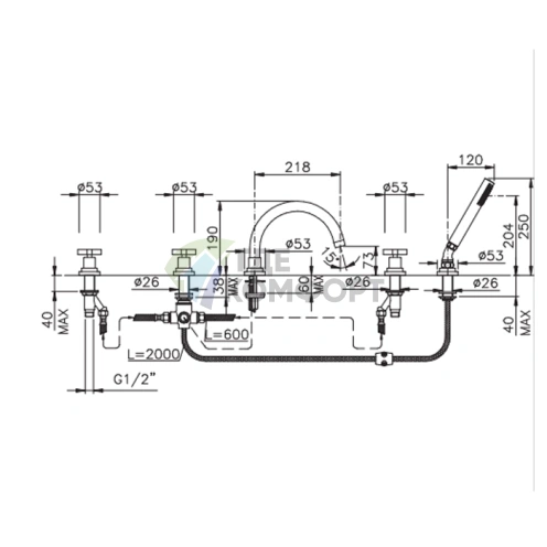 Смеситель для ванны Nicolazzi M.Croce на борт с ручным душем, 5 отверстий, хром, излив 218 мм (2214CR27) - фото 2