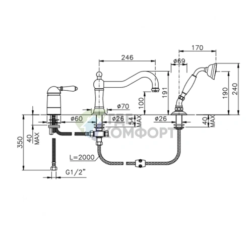 Смеситель для ванны Nicolazzi P.m. Blanc с ручным душем, хром (3449BZ76) - фото 2