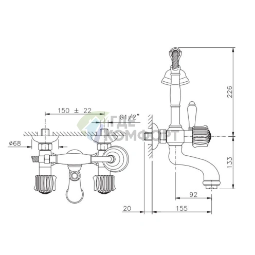 Смеситель для ванны Nicolazzi Onice с двумя ручками и переключателем душ/ванна в золотом цвете (2101GO09O) - фото 2