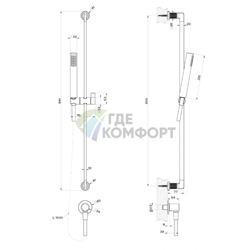GESSI INCISO: Душевая штанга с лейкой и настенным выводом воды в цвете Nero XL (58142#299) - фото 2