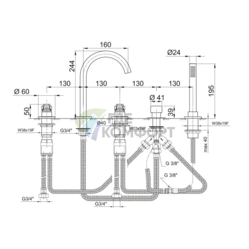 Смеситель Fantini AL/23 для установки на борт ванны, 5 отверстий, излив 160 мм, хром (26 02 B265) - фото 2