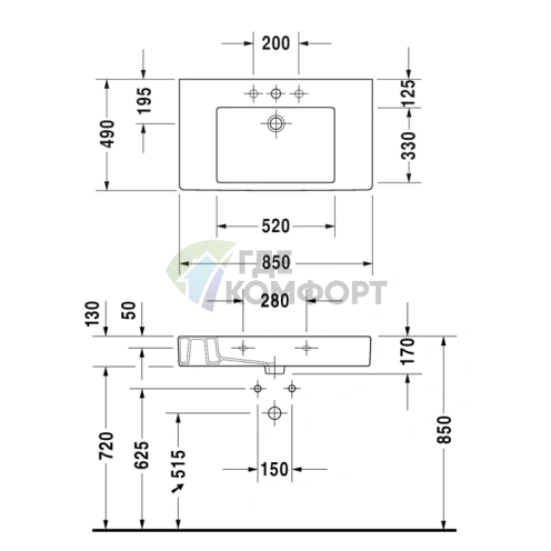 Раковина Duravit Vero для мебели без перелива, белая, 850x490 мм, с 3 отверстиями под смеситель (329850044) - фото 4