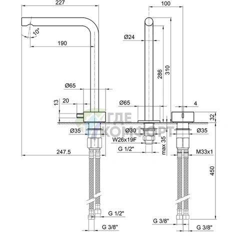 Смеситель для раковины Fantini AF/21 на 2 отверстия, матовая натуральная сталь (27 93 A107WF) - фото 2