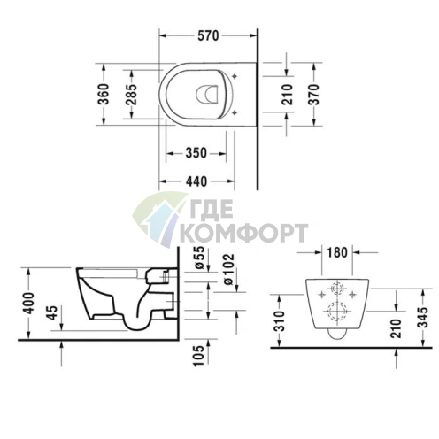 Подвесной унитаз Duravit Me by Starck с технологией Rimless и сиденьем с мягким закрыванием (252909+002009)) - фото 2