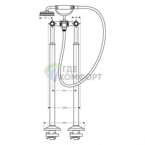 Смеситель для ванны AX Montreux напольный с двумя рукоятками и ручным душем, хром (16547000) - фото 2