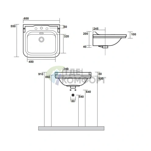 Керамическая раковина Kerasan Waldorf 60×55 см белая с 3 отверстиями под смеситель и хромированными заглушками (4140K1bi/cr*3) - фото 7