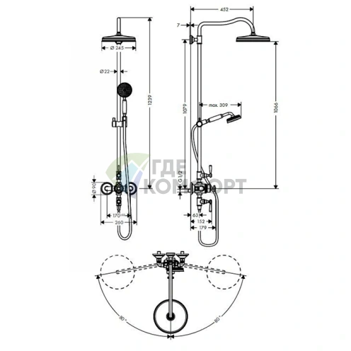 Душевая стойка AX Montreux с термостатом и верхним душем 240 мм (16572000) - фото 2