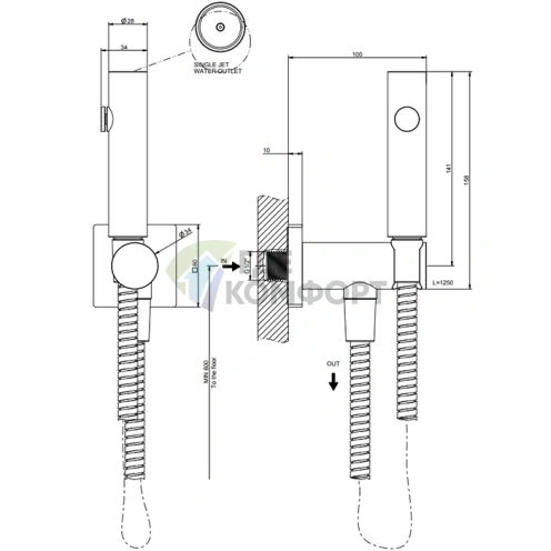 Гигиенический душ GESSI Rilievo настенный 1/2, цвет nero XL (59151#299) - фото 2