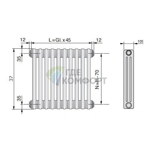Радиатор стальной трубчатый Arbonia 3037/18 N12 3/4 с боковым подключением - фото 3