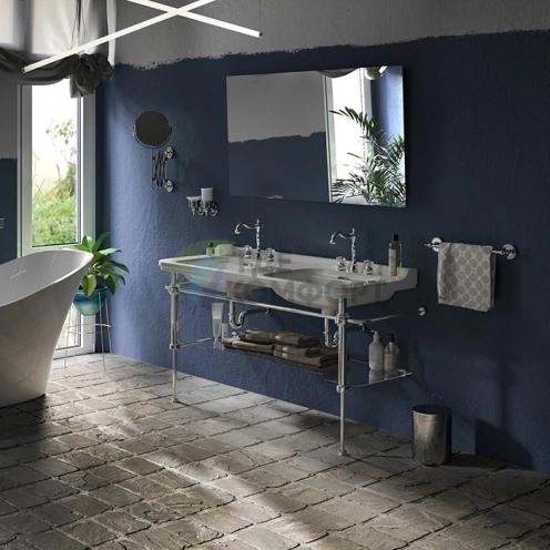 Двойная керамическая раковина Kerasan Waldorf 150×55 см, белая, с 3 отверстиями под смеситель (4143K1bi/cr*3) - фото 3