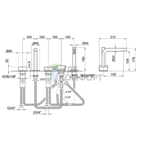 Смеситель для ванны Fantini AF/21 на борт с ручным душем, 5 отверстий, цвет Gun Metal (27 P5 A265) - фото 2