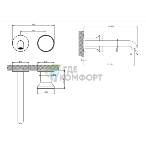 Настенный смеситель для раковины GESSI ORIGINI с отделочной вставкой Finox Brushed Nickel (66088#149) - фото 2
