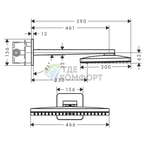 Верхний душ AX 460x300 мм с настенным держателем и системой 2jet в цвете хром (35275000) - фото 2