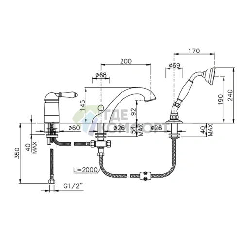 Смеситель для ванны Nicolazzi Cristallo с ручным душем и изливом 200 мм, хром (3414CR33) - фото 2