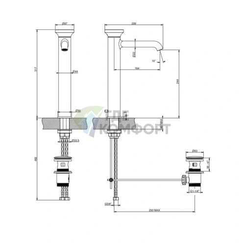 GESSI Origini Высокий смеситель для раковины с донным клапаном и отдельной вставкой в комплекте, хром (66003#031) - фото 2