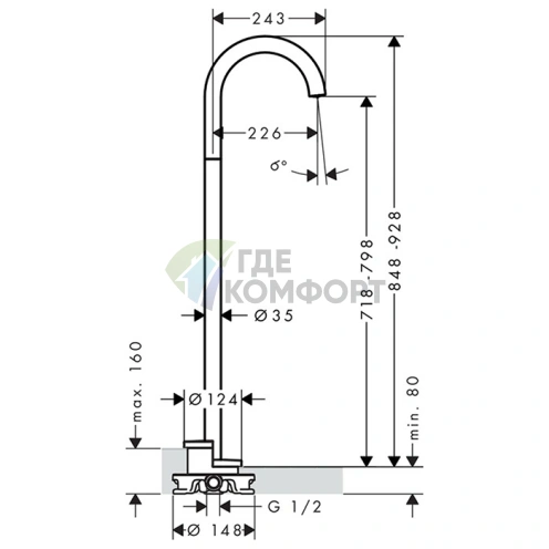 Напольный излив для ванны AX Uno (226 мм, шлифованный никель) (38412820) - фото 2
