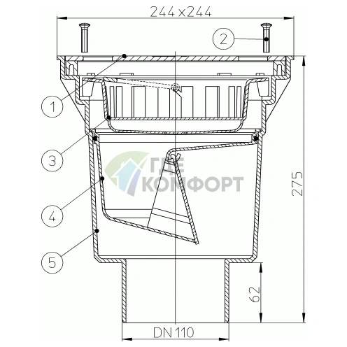 Трап HL606S с решеткой 226x226 мм-незамерзающим запахозапирающим устройством и вертикальным выпуском DN110 или DN160 - фото 3