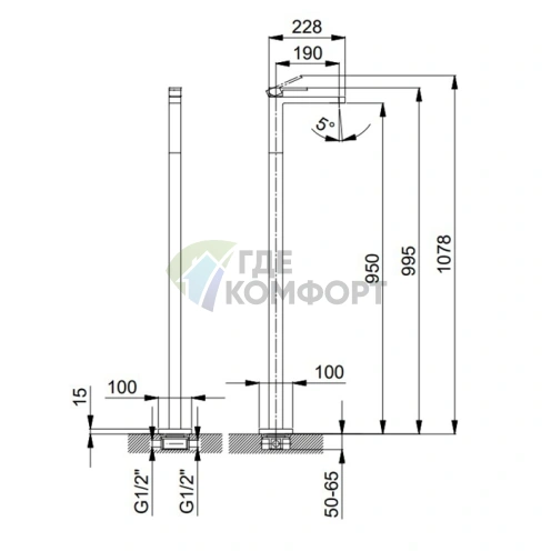 Напольный смеситель для раковины Fantini Mint без донного клапана, хром (34 02 F036B) - фото 2